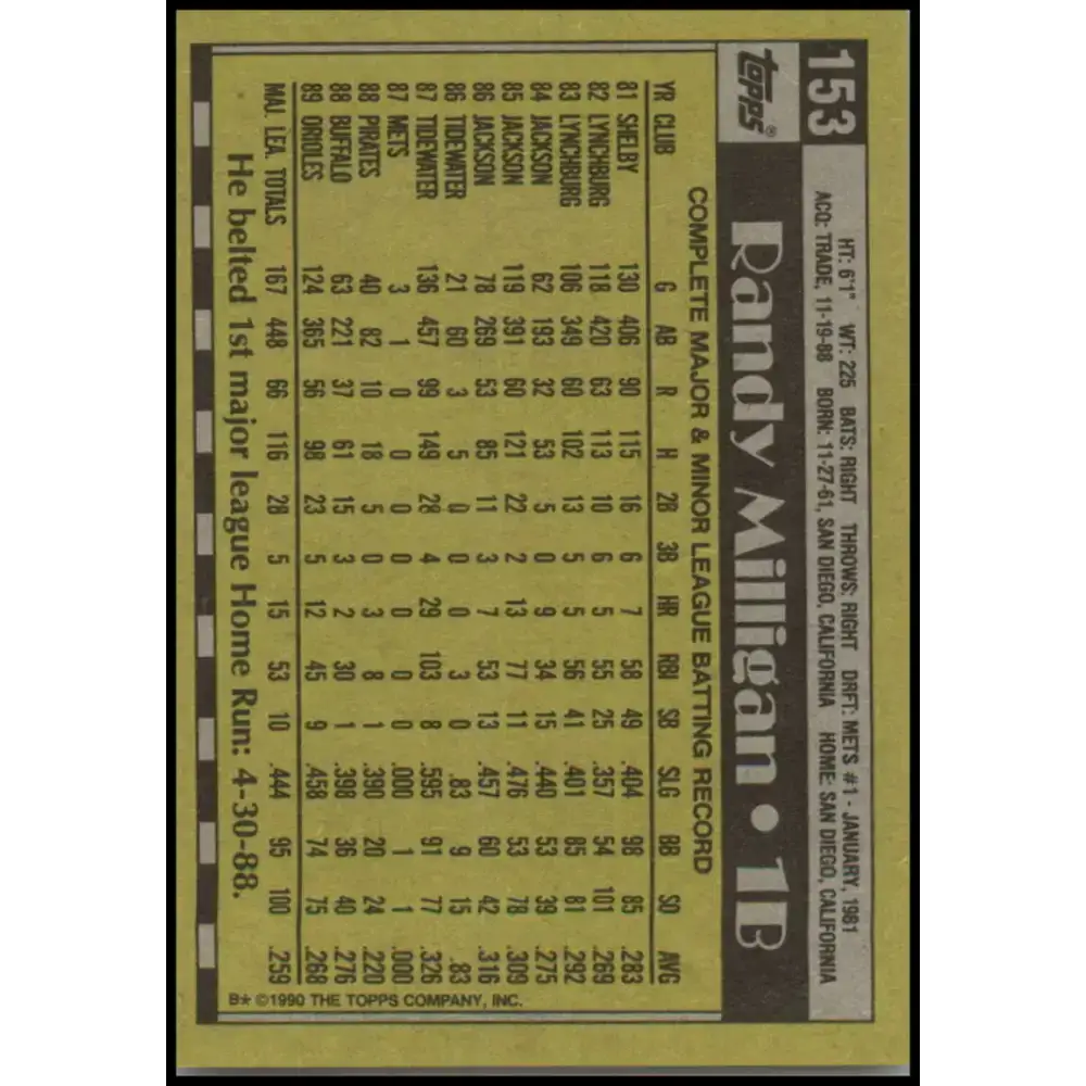 1990 Topps #153 Randy Milligan NM-MT Baltimore Orioles Baseball Card - Baseball Card Single