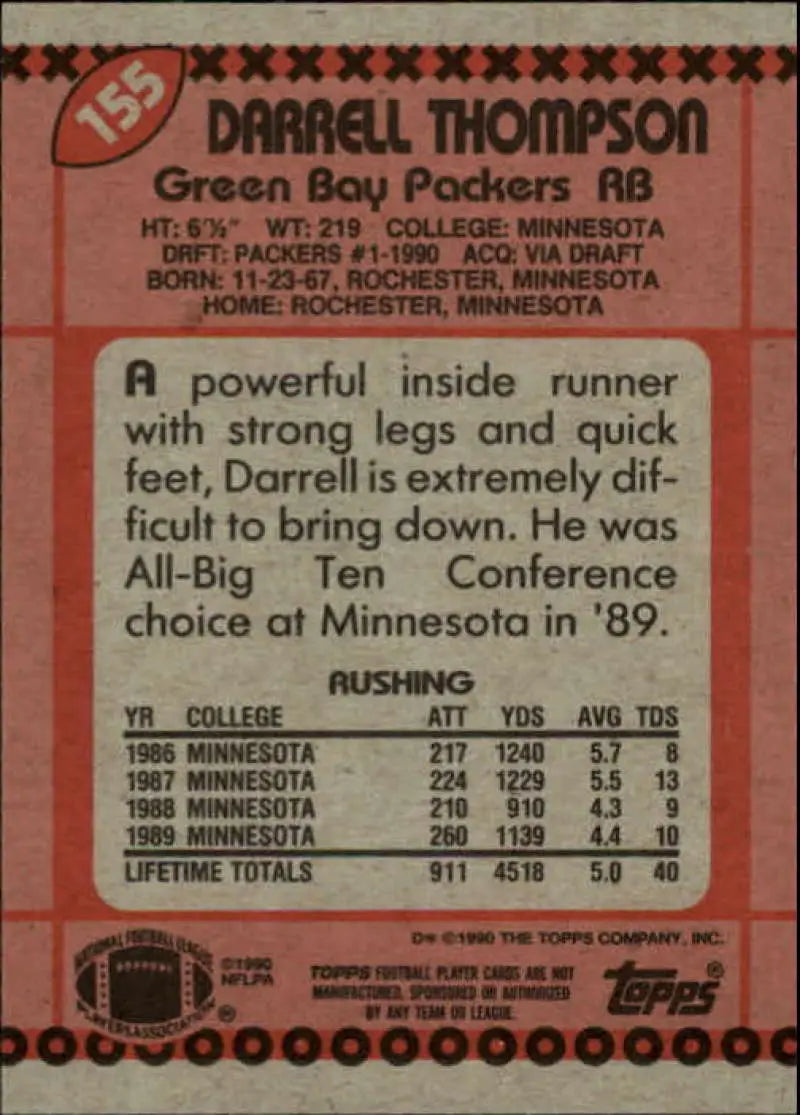 1990 Topps #155 Darrell Thompson EX Excellent RC Rookie Green Bay Packers Football Card - Football Card Single