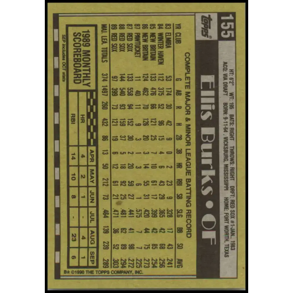 1990 Topps #155 Ellis Burks NM-MT Boston Red Sox Baseball Card - Baseball Card Single