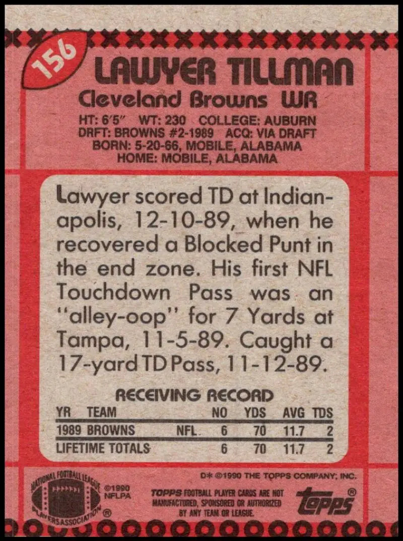 1990 Topps #156 Lawyer Tillman EX Excellent Cleveland Browns Football Card - Football Card Single
