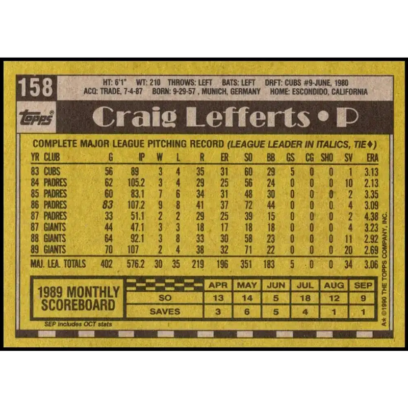 1990 Topps #158 Craig Lefferts NM-MT San Francisco Giants Baseball Card - Baseball Card Single