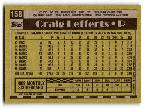 1990 Topps #158 Craig Lefferts San Francisco Giants Baseball Cards E ID:53627 - Baseball Card Single