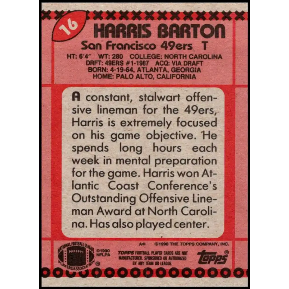 1990 Topps #16 Harris Barton EX Excellent San Francisco 49ers Football Card - Football Card Single