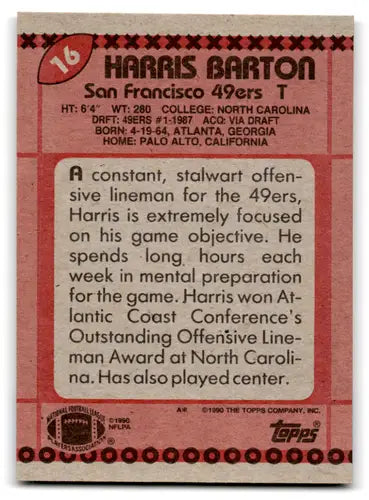 1990 Topps #16 Harris Barton NM Near Mint 49ers ID:67359 - Football Card Single