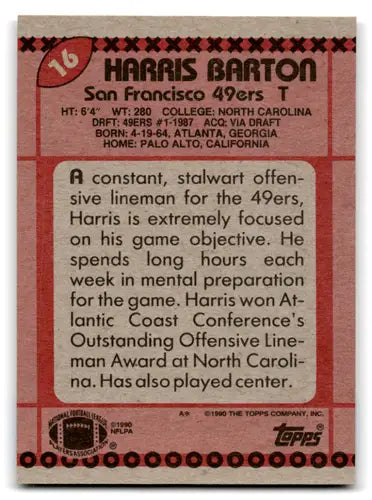 Harris Barton football card with original gloss from 1990 Topps, mint 49ers collectible