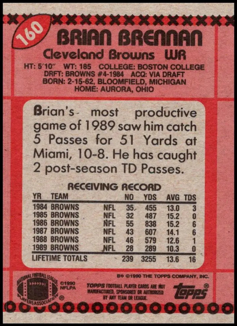 1990 Topps #160 Brian Brennan EX Excellent Cleveland Browns Football Card - Football Card Single