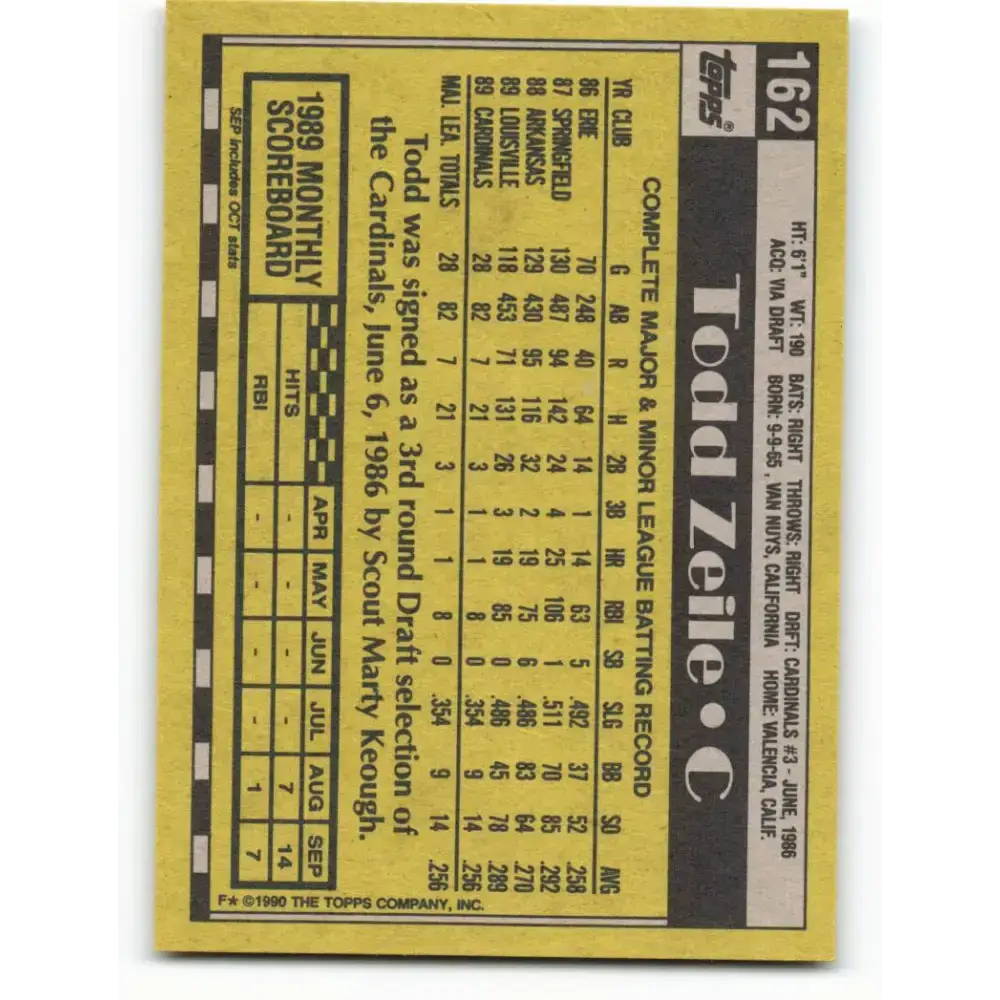 1990 Topps #162 Todd Zeile NM-MT St. Louis Cardinals Baseball Card - Baseball Card Single