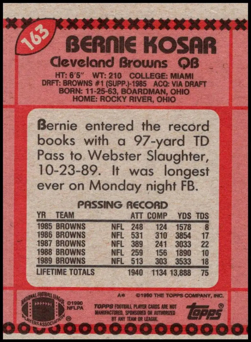 1990 Topps #163 Bernie Kosar EX Excellent Cleveland Browns Football Card - Football Card Single