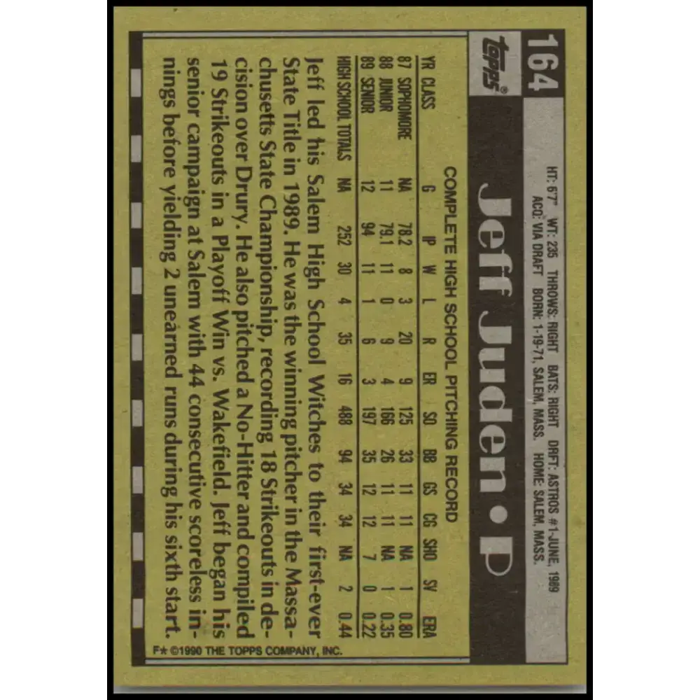 1990 Topps #164 Jeff Juden FDP NM-MT RC Rookie Houston Astros Baseball Card - Baseball Card Single