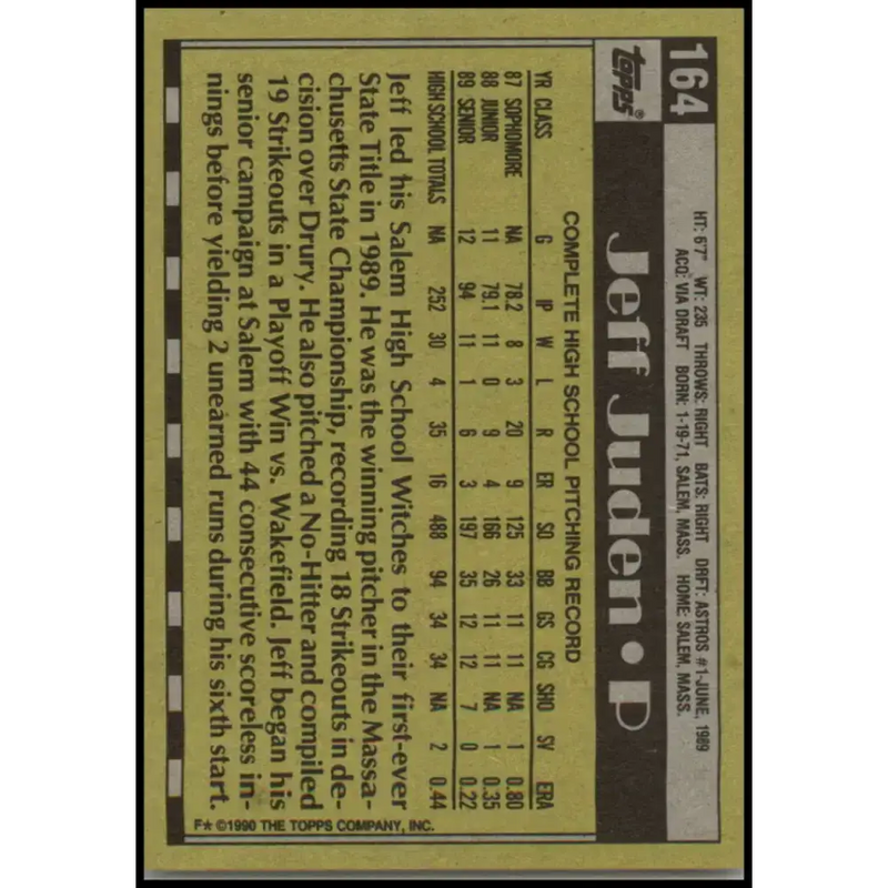 1990 Topps #164 Jeff Juden FDP NM-MT RC Rookie Houston Astros Baseball Card - Baseball Card Single