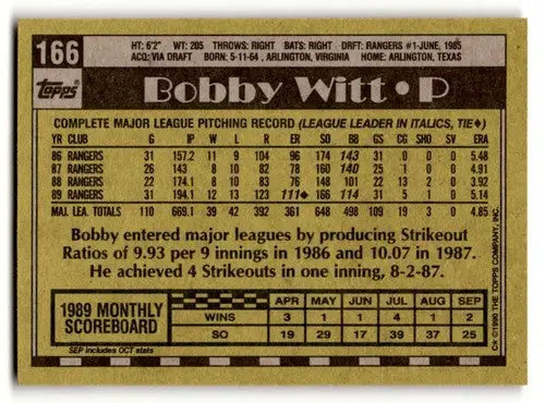 1990 Topps #166 Bobby Witt Texas Rangers Baseball Cards EX/NM ID:53566 - Baseball Card Single
