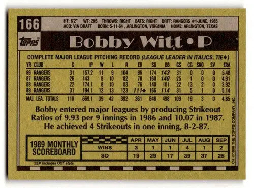 Bobby Witt Texas baseball card from 1990 Topps series featuring Witt Texas Rangers player