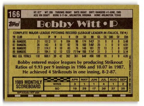 1990 Topps #166 Bobby Witt Texas Rangers Baseball Cards EX/NM ID:53761 - Baseball Card Single