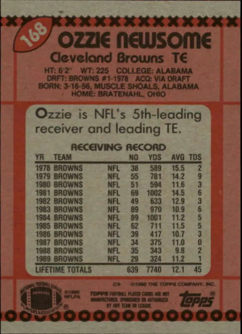 1990 Topps #168 Ozzie Newsome EX Excellent Cleveland Browns Football Card - Football Card Single