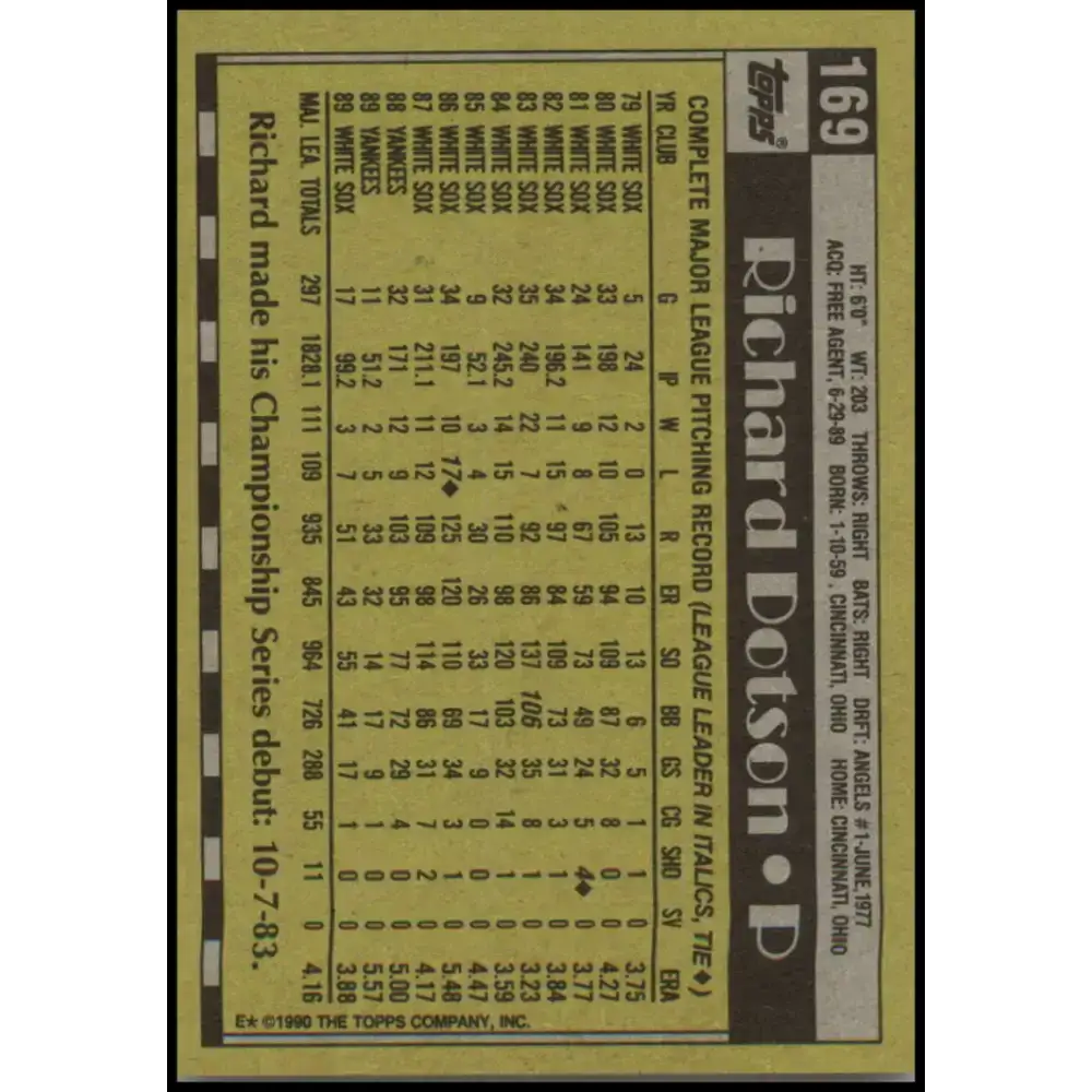 1990 Topps #169 Richard Dotson NM-MT Chicago White Sox Baseball Card - Baseball Card Single