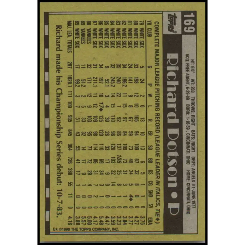 1990 Topps #169 Richard Dotson NM-MT Chicago White Sox Baseball Card - Baseball Card Single