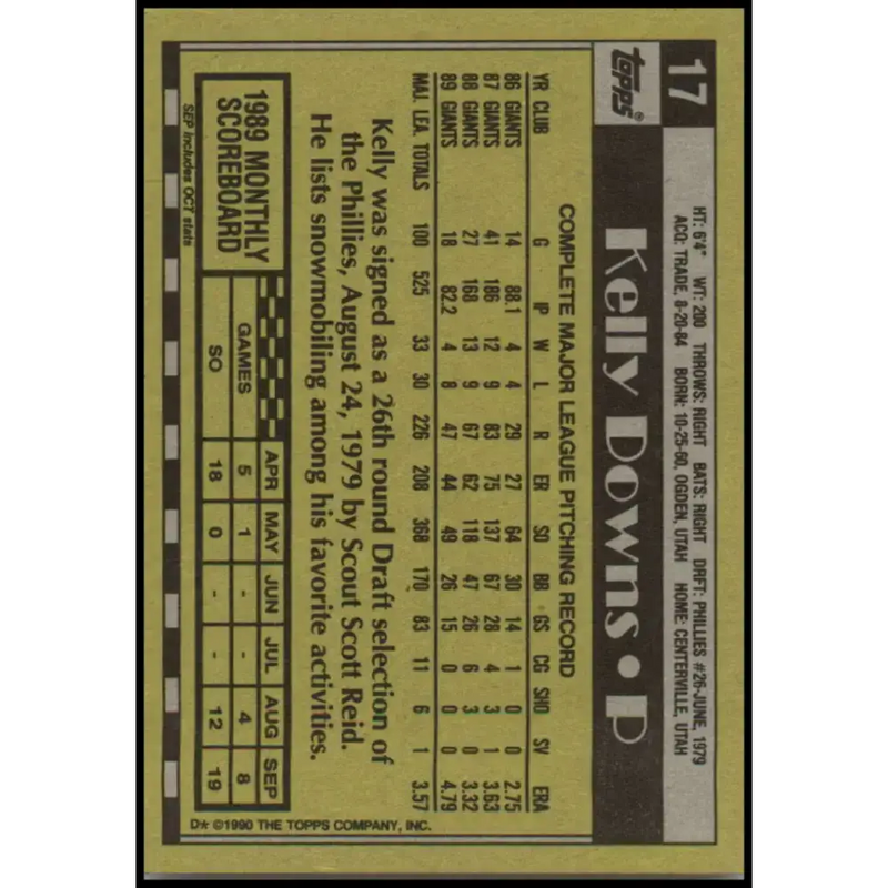 1990 Topps #17 Kelly Downs NM-MT San Francisco Giants Baseball Card - Baseball Card Single