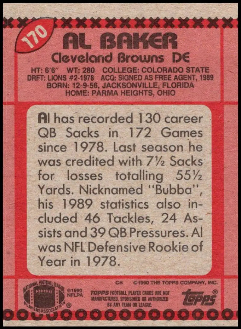 1990 Topps #170 Al Baker EX Excellent Cleveland Browns Football Card - Football Card Single