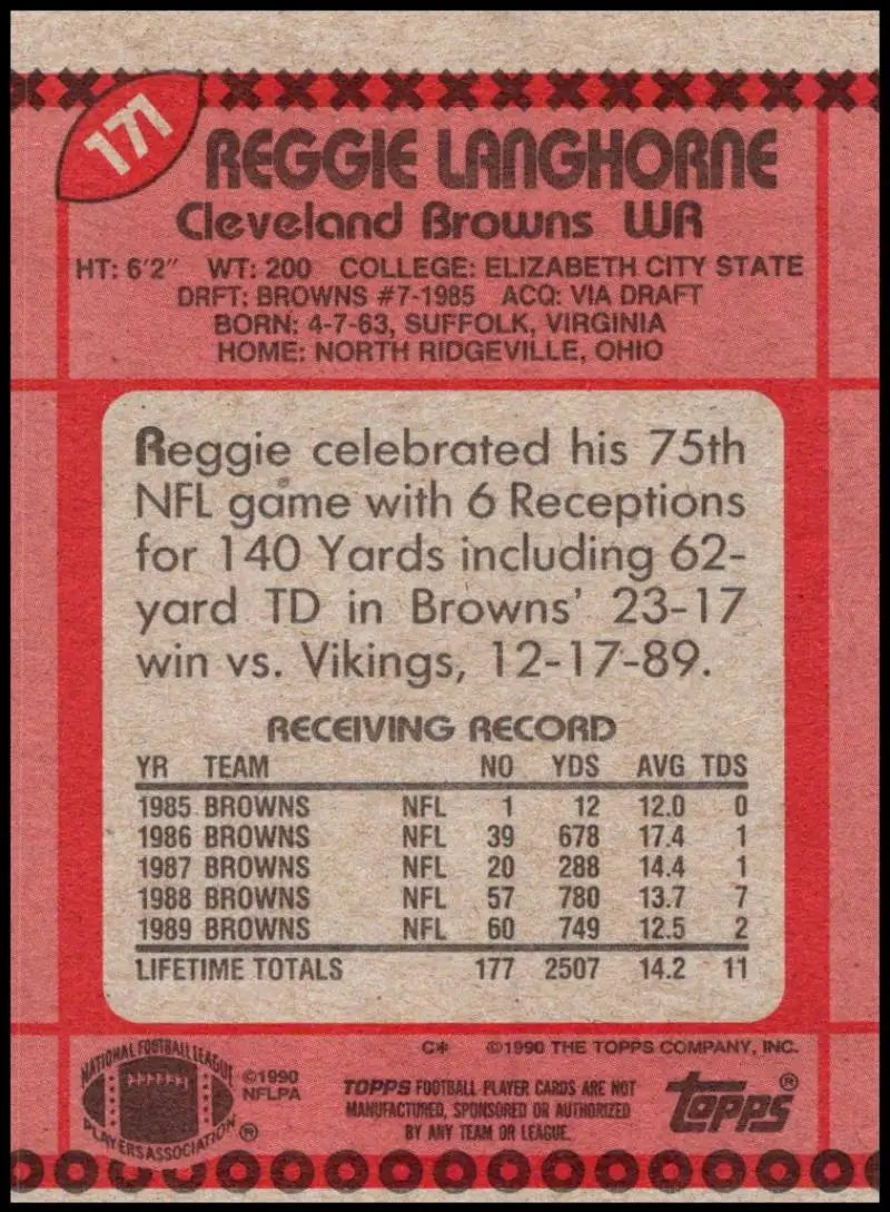 1990 Topps #171 Reggie Langhorne EX Excellent Cleveland Browns Football Card - Football Card Single