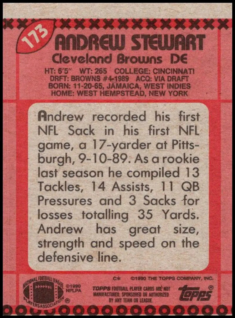 1990 Topps #173 Andrew Stewart EX Excellent Cleveland Browns Football Card - Football Card Single
