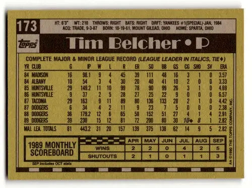 1990 Topps #173 Tim Belcher Los Angeles Dodgers Baseball Cards EX/NM ID:53581 - Baseball Card Single