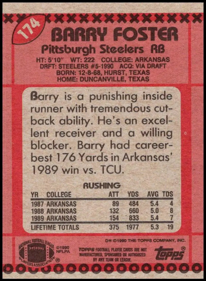 1990 Topps #174 Barry Foster EX Excellent RC Rookie Pittsburgh Steelers Football Card - Football Card Single
