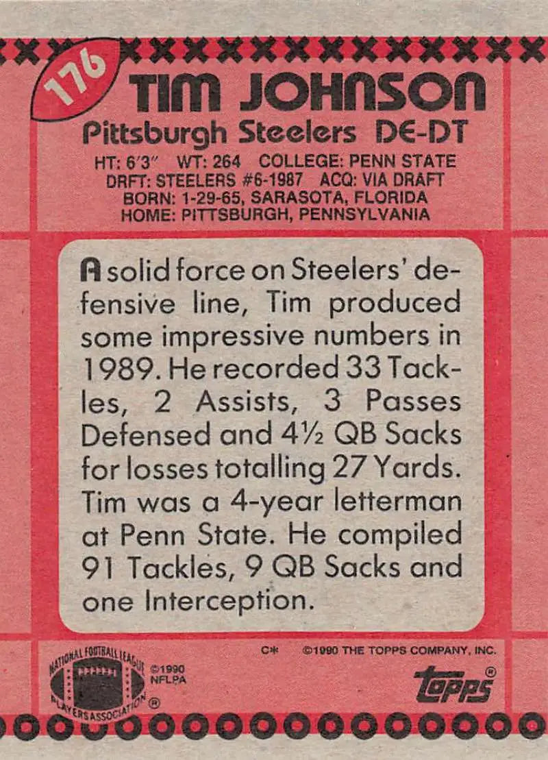 1990 Topps #176 Tim Johnson EX Excellent Pittsburgh Steelers Football Card - Football Card Single