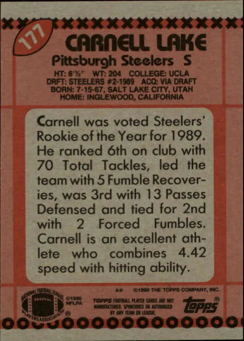 1990 Topps #177 Carnell Lake EX Excellent Pittsburgh Steelers Football Card - Football Card Single