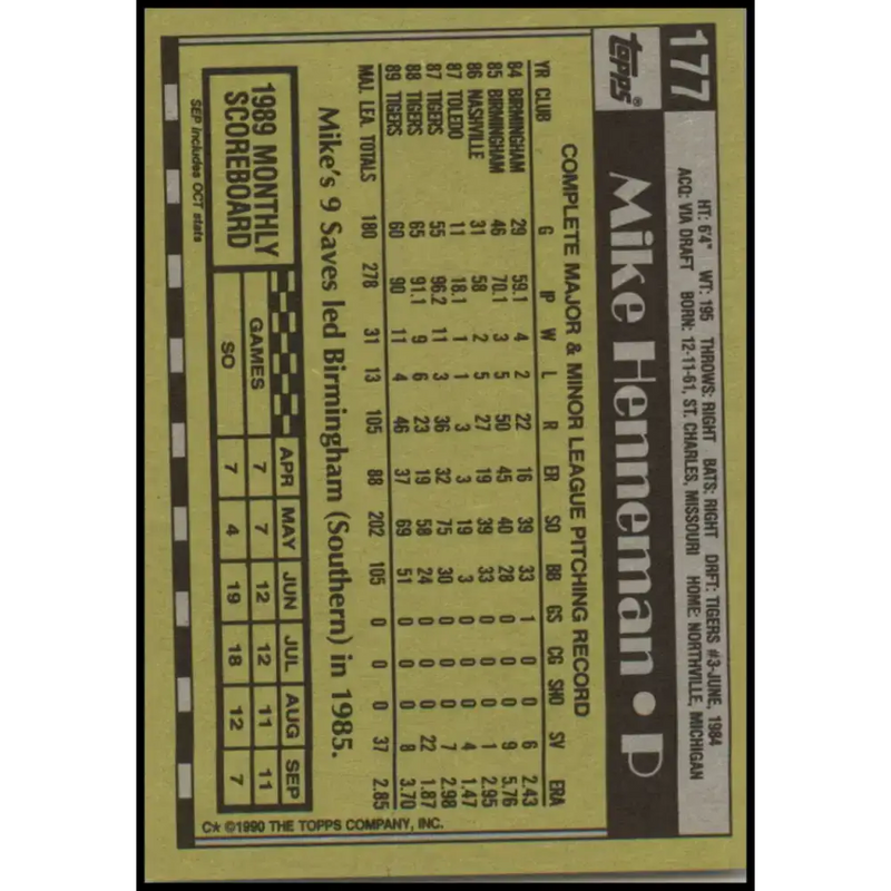 1990 Topps #177 Mike Henneman NM-MT Detroit Tigers Baseball Card - Baseball Card Single