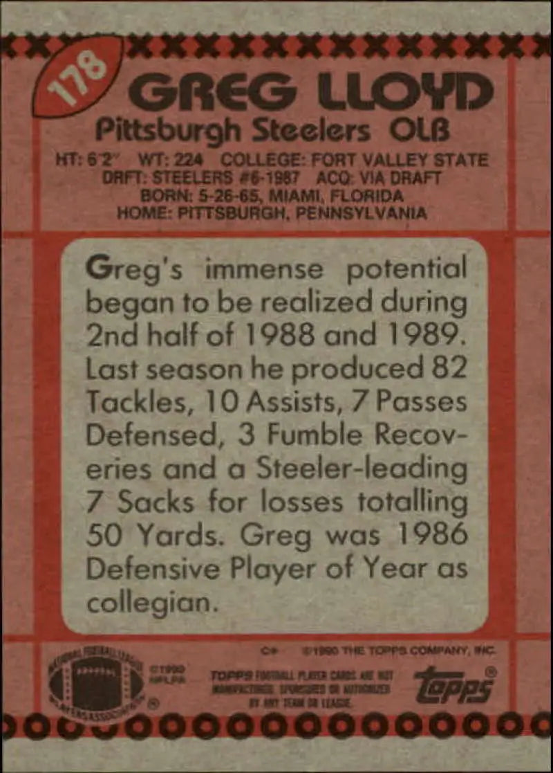 1990 Topps #178 Greg Lloyd EX Excellent Pittsburgh Steelers Football Card - Football Card Single