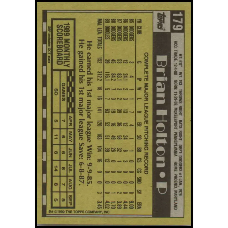 1990 Topps #179 Brian Holton NM-MT Baltimore Orioles Baseball Card - Baseball Card Single