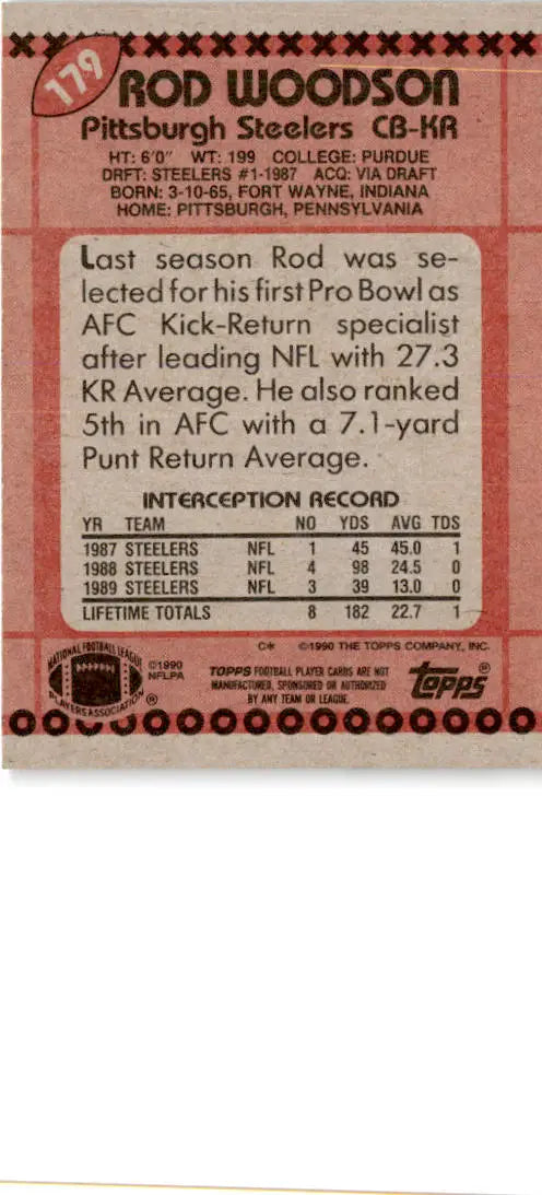 1990 Topps #179b Rod Woodson - Football Card Single