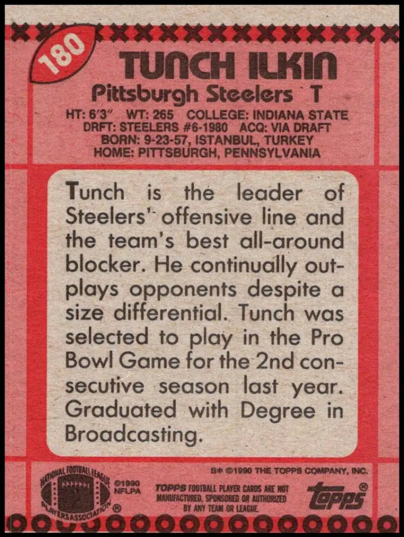 1990 Topps #180 Tunch Ilkin EX Excellent Pittsburgh Steelers Football Card - Football Card Single