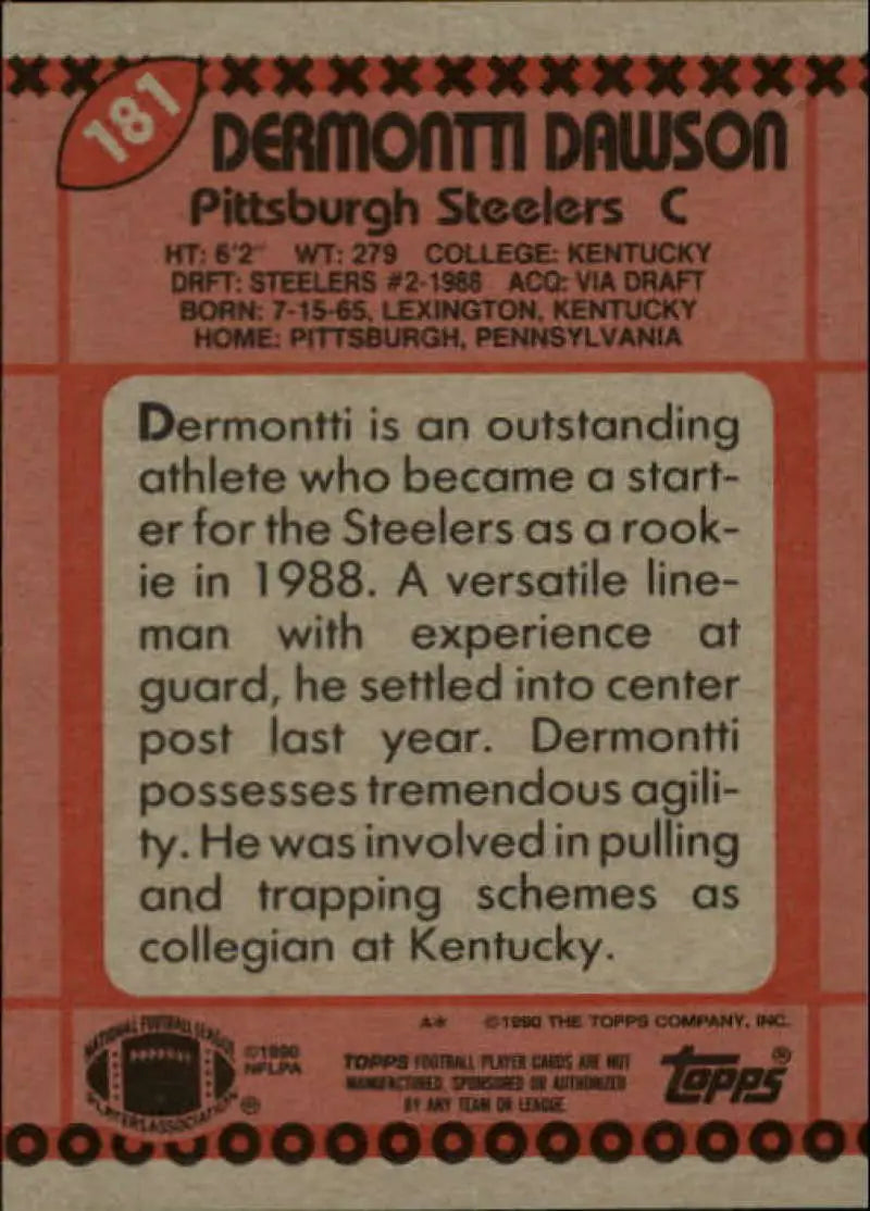 1990 Topps #181 Dermontti Dawson EX Excellent Pittsburgh Steelers Football Card