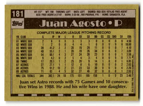 Original gloss 1990 Topps Juan Agosto baseball card featuring Juan Agosto and Simply Sandoval