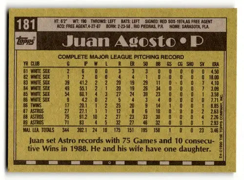 Back of 1990 Topps Juan Agosto Houston Astros baseball card with original gloss