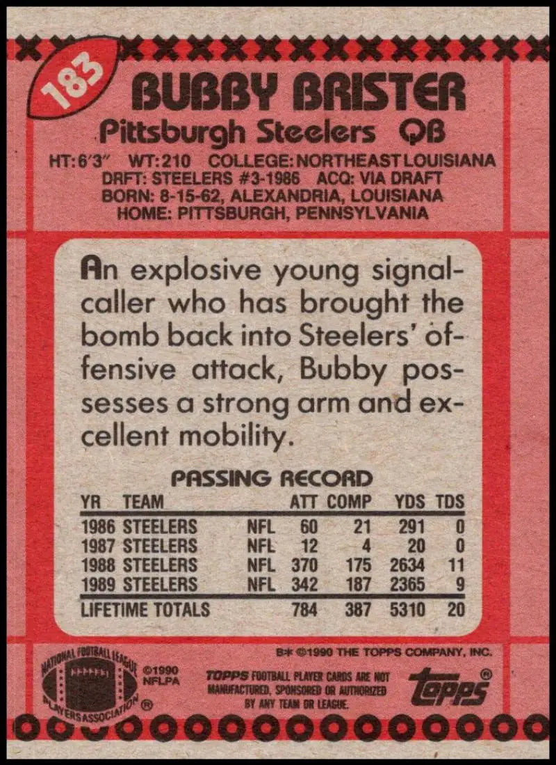 1990 Topps #183 Bubby Brister EX Excellent Pittsburgh Steelers Football Card - Football Card Single