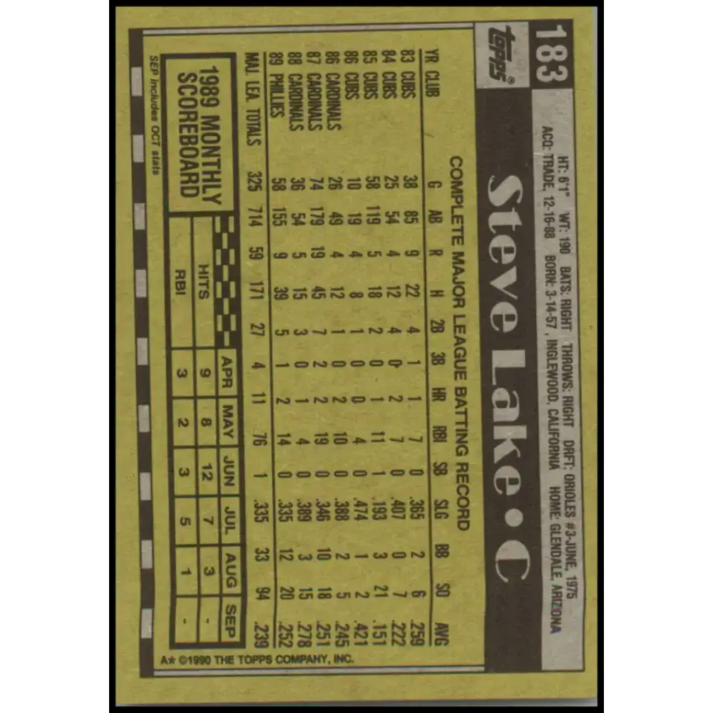 1990 Topps #183 Steve Lake NM-MT Philadelphia Phillies Baseball Card - Baseball Card Single