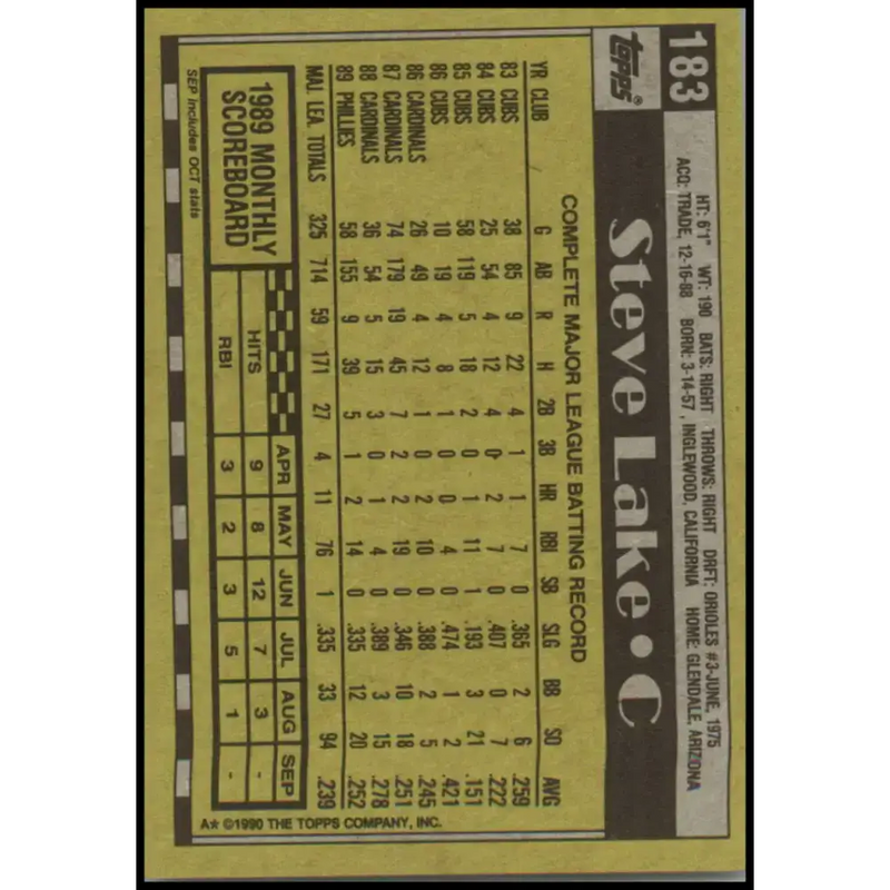1990 Topps #183 Steve Lake NM-MT Philadelphia Phillies Baseball Card - Baseball Card Single