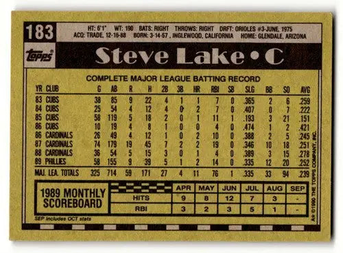 Steve Lake Phillies baseball card with original gloss from 1990 Topps #183