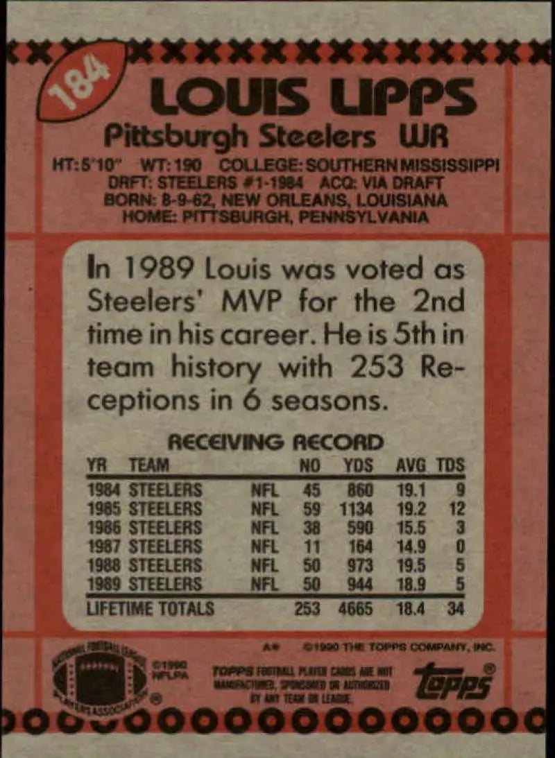1990 Topps #184 Louis Lipps EX Excellent Pittsburgh Steelers Football Card - Football Card Single