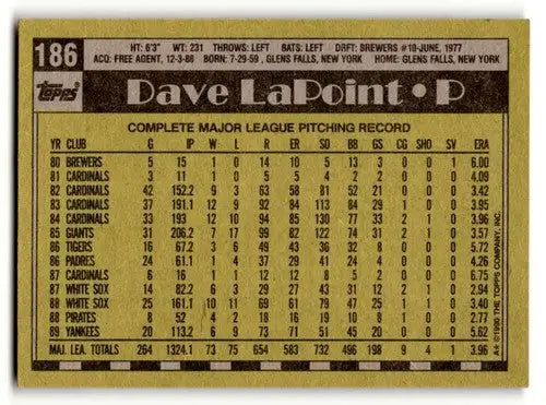 Back side of 1990 Topps Dave LaPoint Yankees baseball card with original gloss
