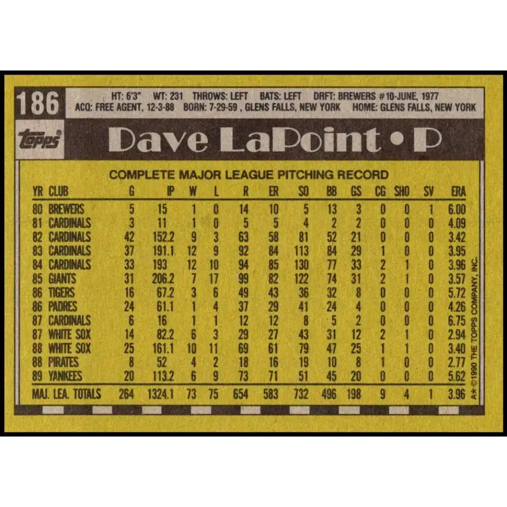 1990 Topps #186 Dave LaPoint NM-MT New York Yankees Baseball Card - Baseball Card Single