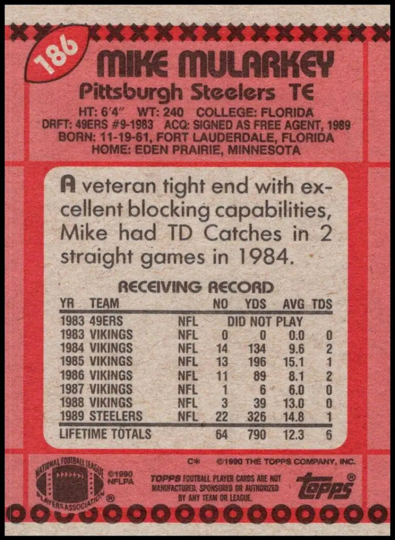 1990 Topps #186 Mike Mularkey EX Excellent RC Rookie Pittsburgh Steelers Football Card - Football Card Single