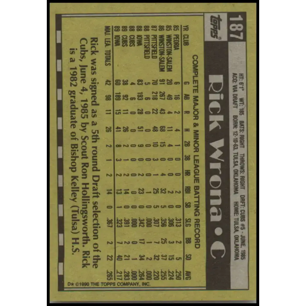 1990 Topps #187 Rick Wrona NM-MT Chicago Cubs Baseball Card - Baseball Card Single