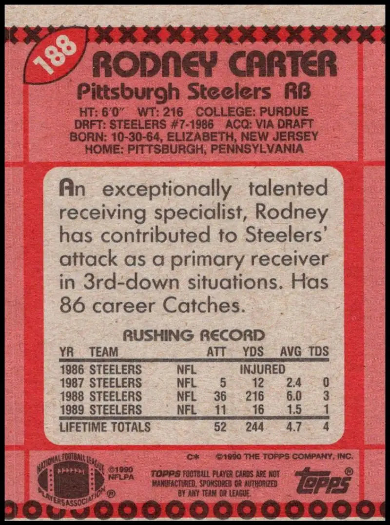 1990 Topps #188 Rodney Carter EX Excellent Pittsburgh Steelers Football Card