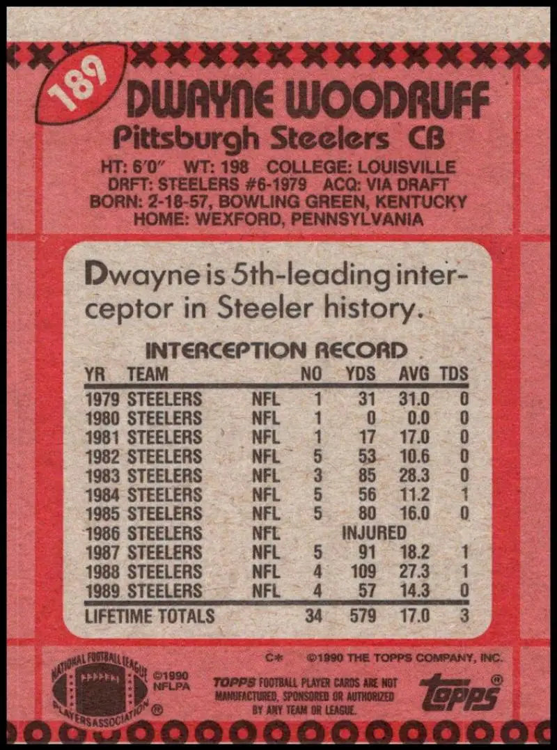 1990 Topps #189 Dwayne Woodruff EX Excellent Pittsburgh Steelers Football Card - Football Card Single
