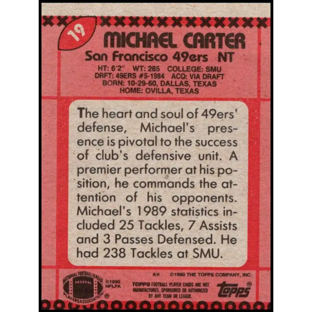 1990 Topps #19 Michael Carter EX Excellent San Francisco 49ers Football Card - Football Card Single
