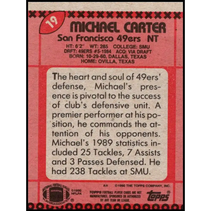 1990 Topps #19 Michael Carter EX Excellent San Francisco 49ers Football Card - Football Card Single