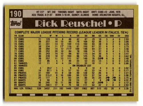 1990 Topps #190 Rick Reuschel San Francisco Giants Baseball Cards EX ID:53754 - Baseball Card Single